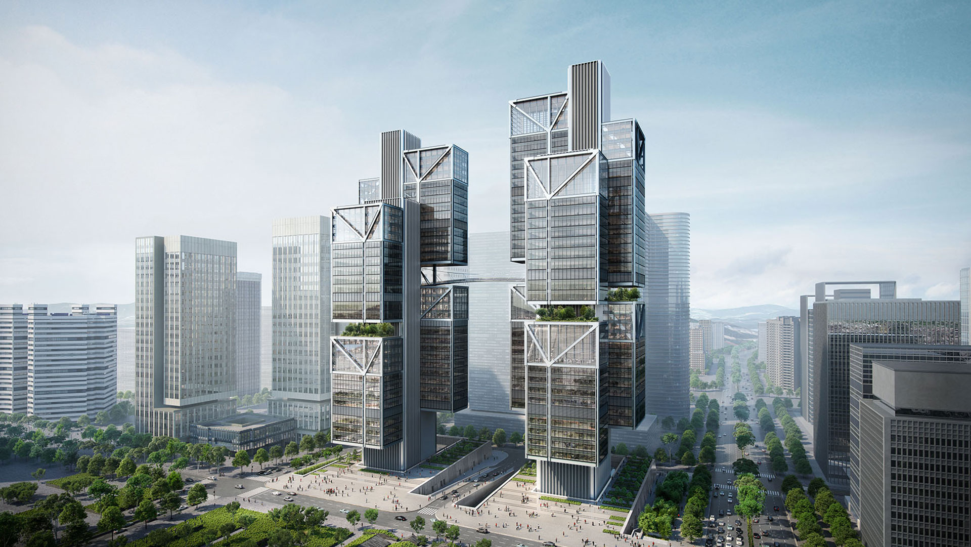 Two skyscrapers with suspended volumes, China