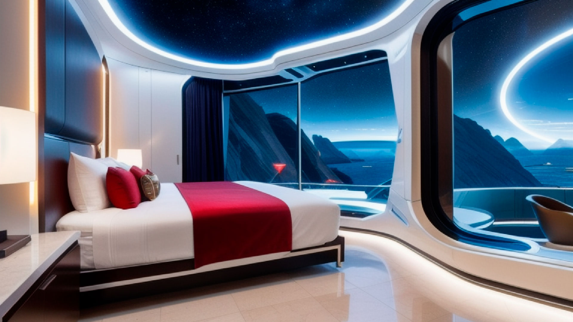 Futuristic theming for hotel rooms