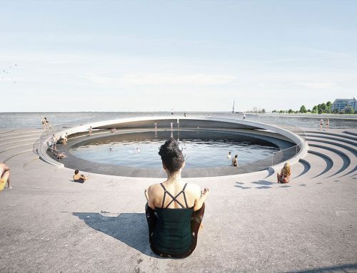 Circular urban swimming pool on the Tagus river estuary, Lisbon, Portugal