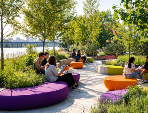 Modular street furniture in shades of purple and orange