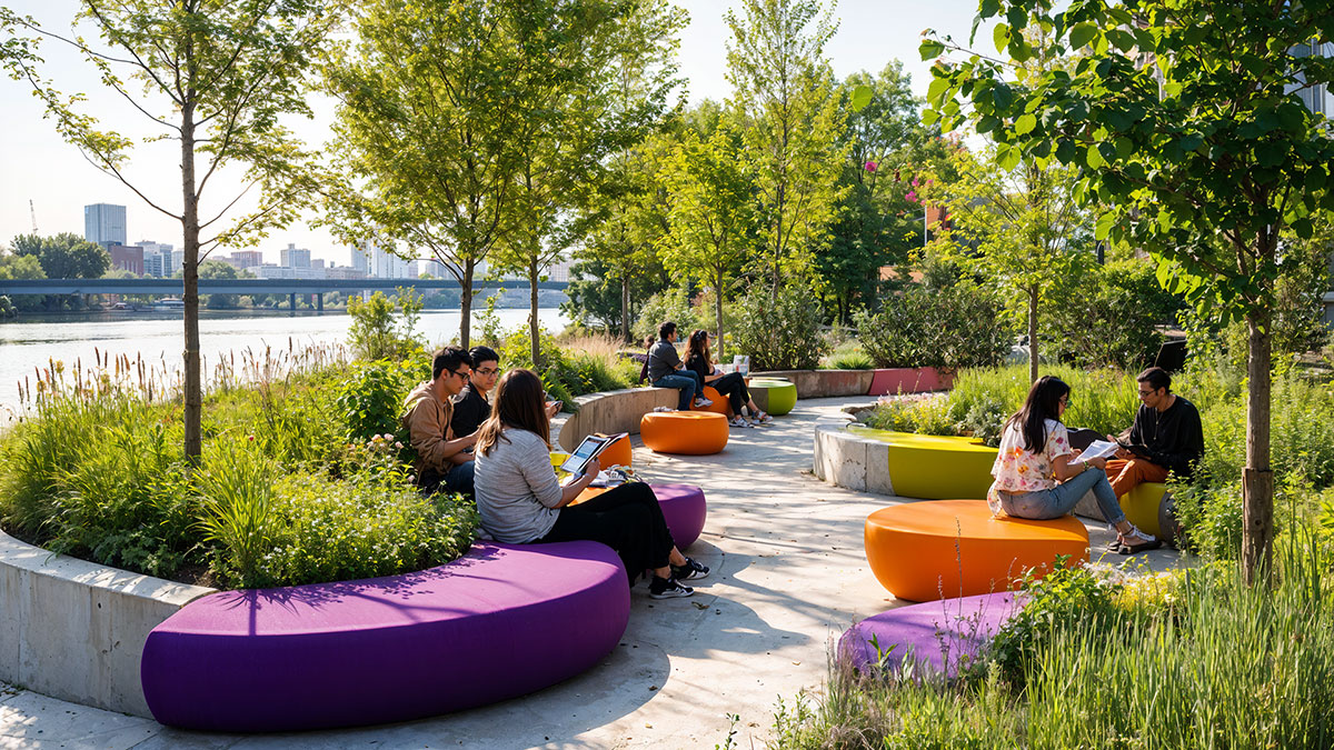 Modular street furniture in shades of purple and orange