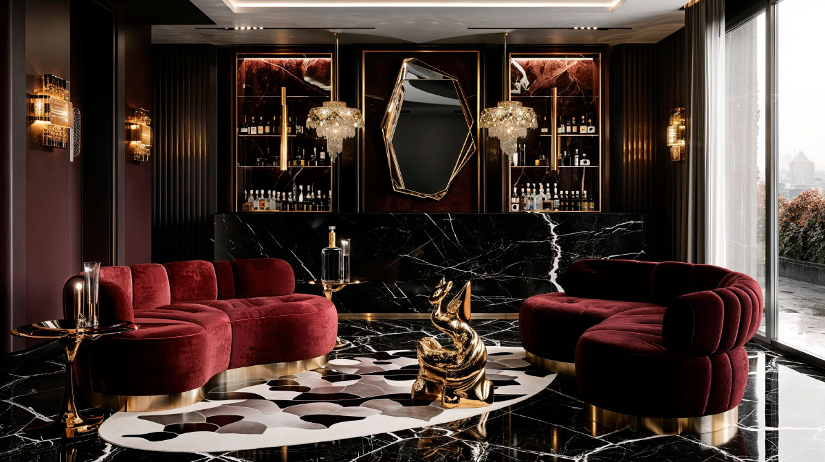 A luxurious velvet and marble lounge