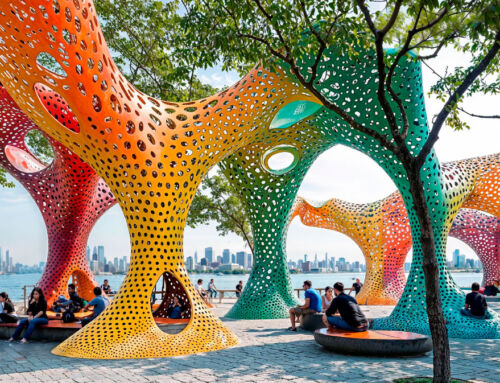 A forest of iridescent micro-perforated pergolas
