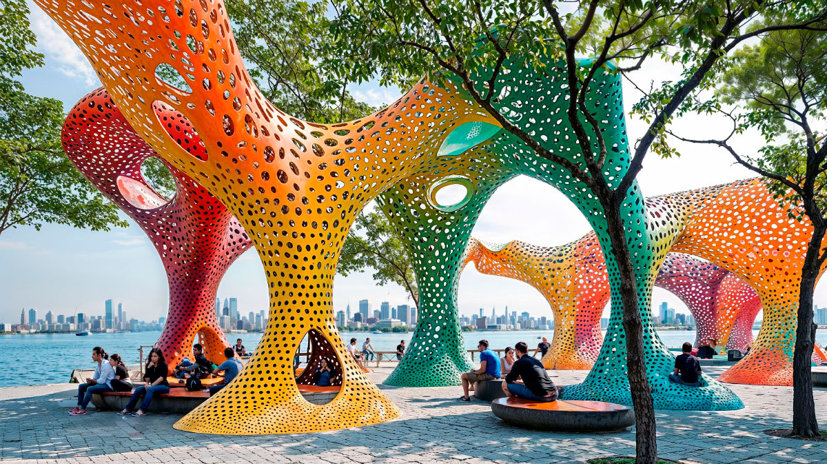 A forest of iridescent micro-perforated pergolas
