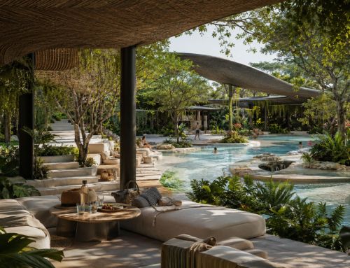 The hotel or resort swimming pool is transformed into a living garden