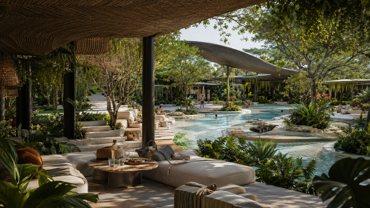 The hotel or resort swimming pool is transformed into a living garden