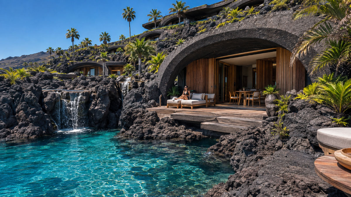 A resort set amongst lava and water